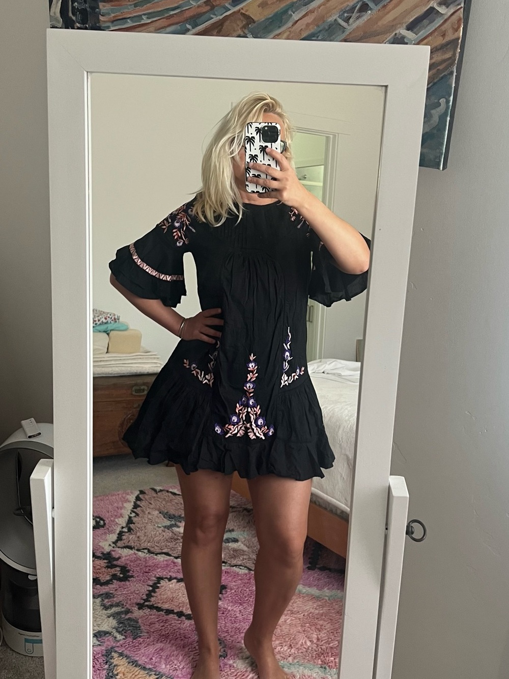 Free People Black Mini Dress with Multicolor Floral Embroidery